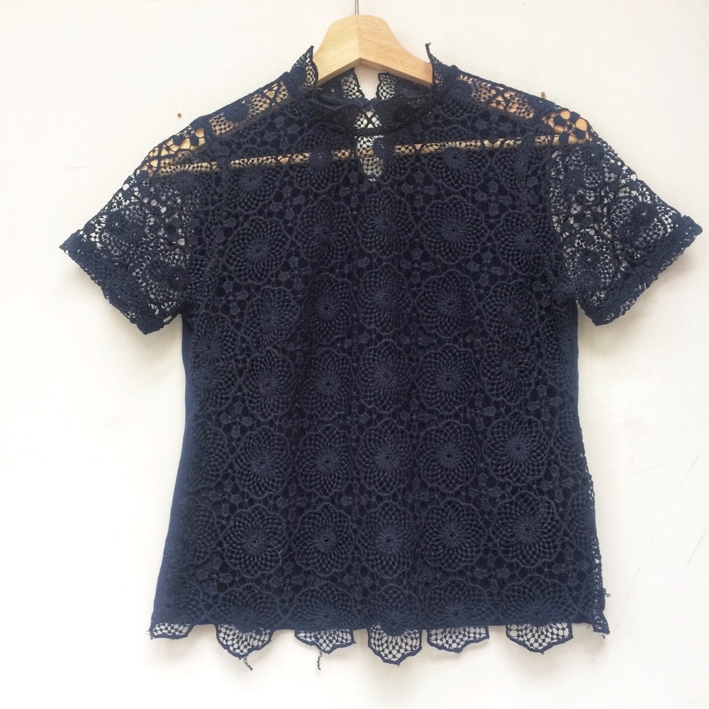 Topshop Lace Top, Dark blue, high neck & keyhole!